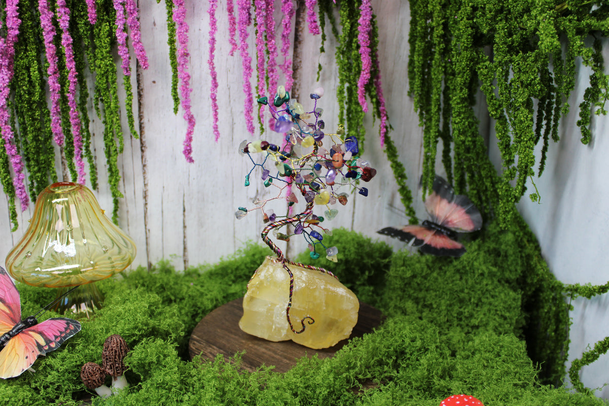 Color Burst Bonsai – Mixed Gemstone Wire Tree on Yellow Calcite