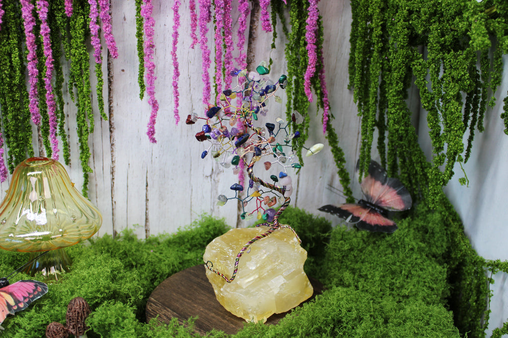 Color Burst Bonsai – Mixed Gemstone Wire Tree on Yellow Calcite