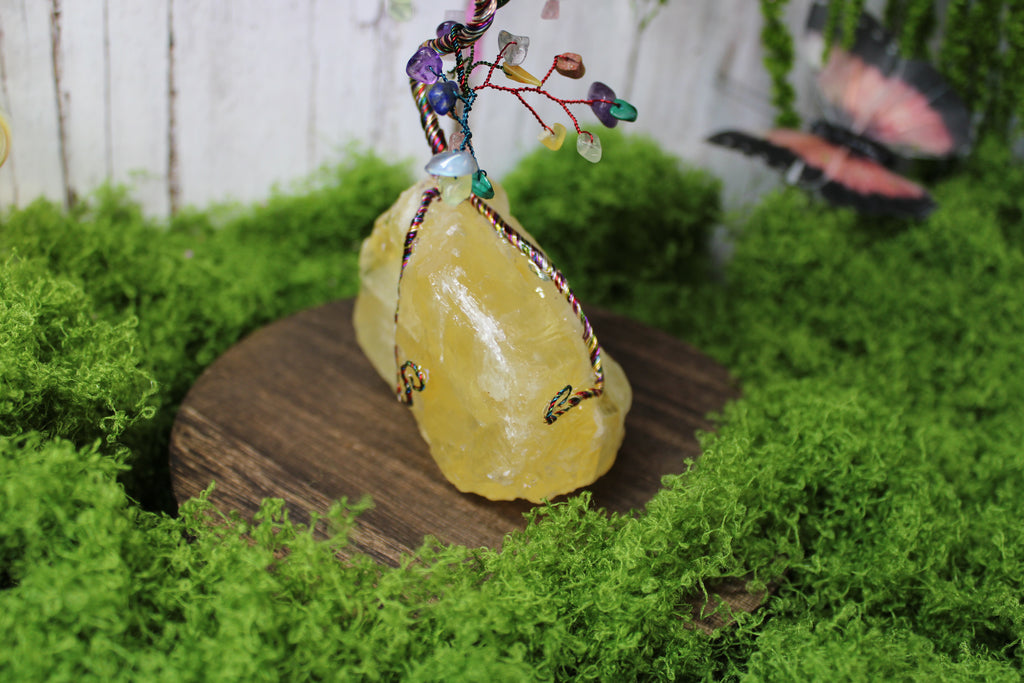Color Burst Bonsai – Mixed Gemstone Wire Tree on Yellow Calcite