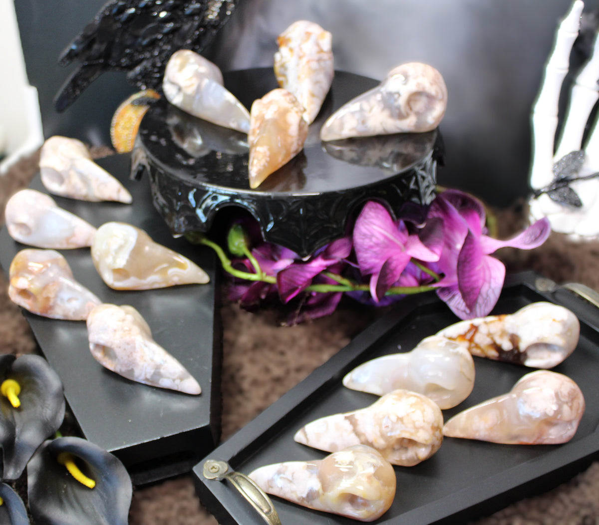 Flower Agate Raven Skull – Choose Your Exact Piece