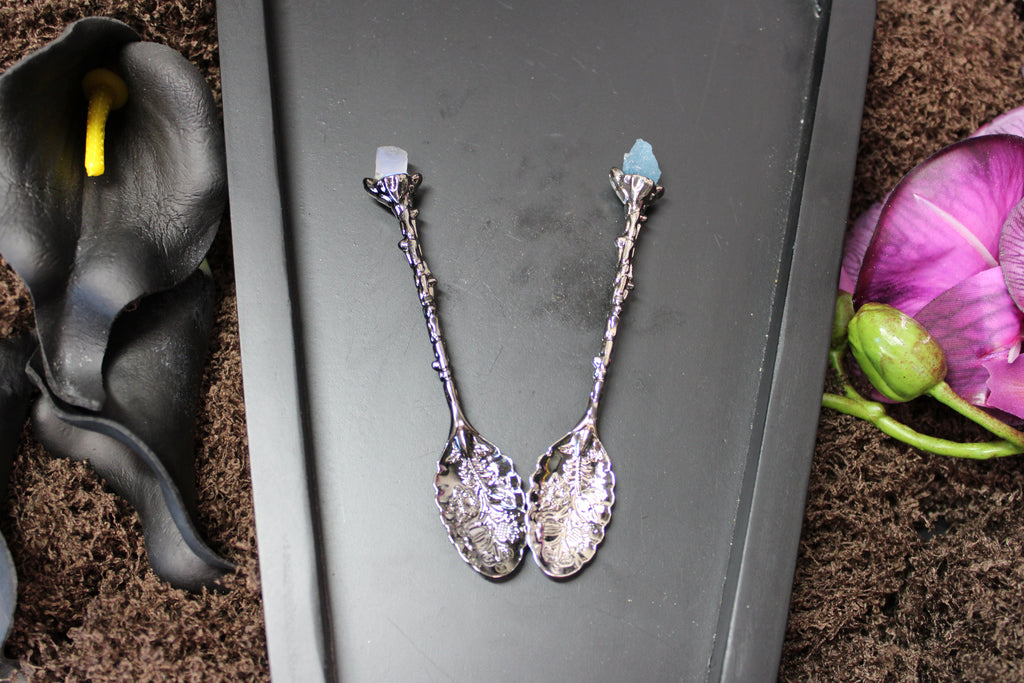Raw Aquamarine & Rainbow Moonstone Crystal Spoons – Enchanted Forest Selection