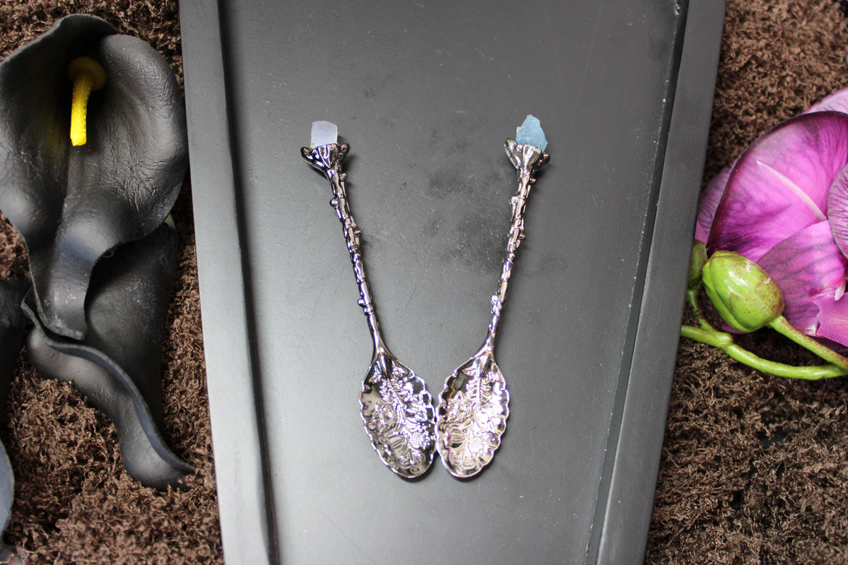 Raw Aquamarine & Rainbow Moonstone Crystal Spoons – Enchanted Forest Selection