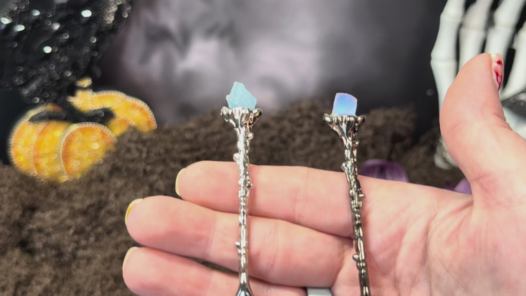 Raw Aquamarine & Rainbow Moonstone Crystal Spoons – Enchanted Forest Selection